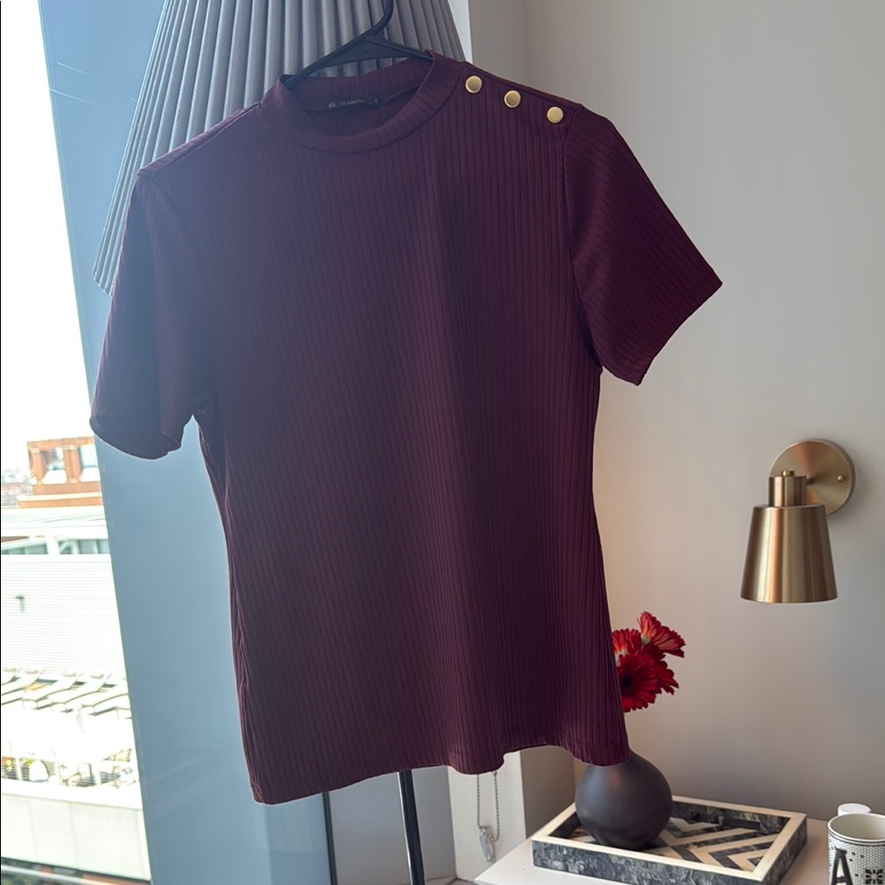 Glamour Burgundy Short Sleeve Tee with Gold Buttons